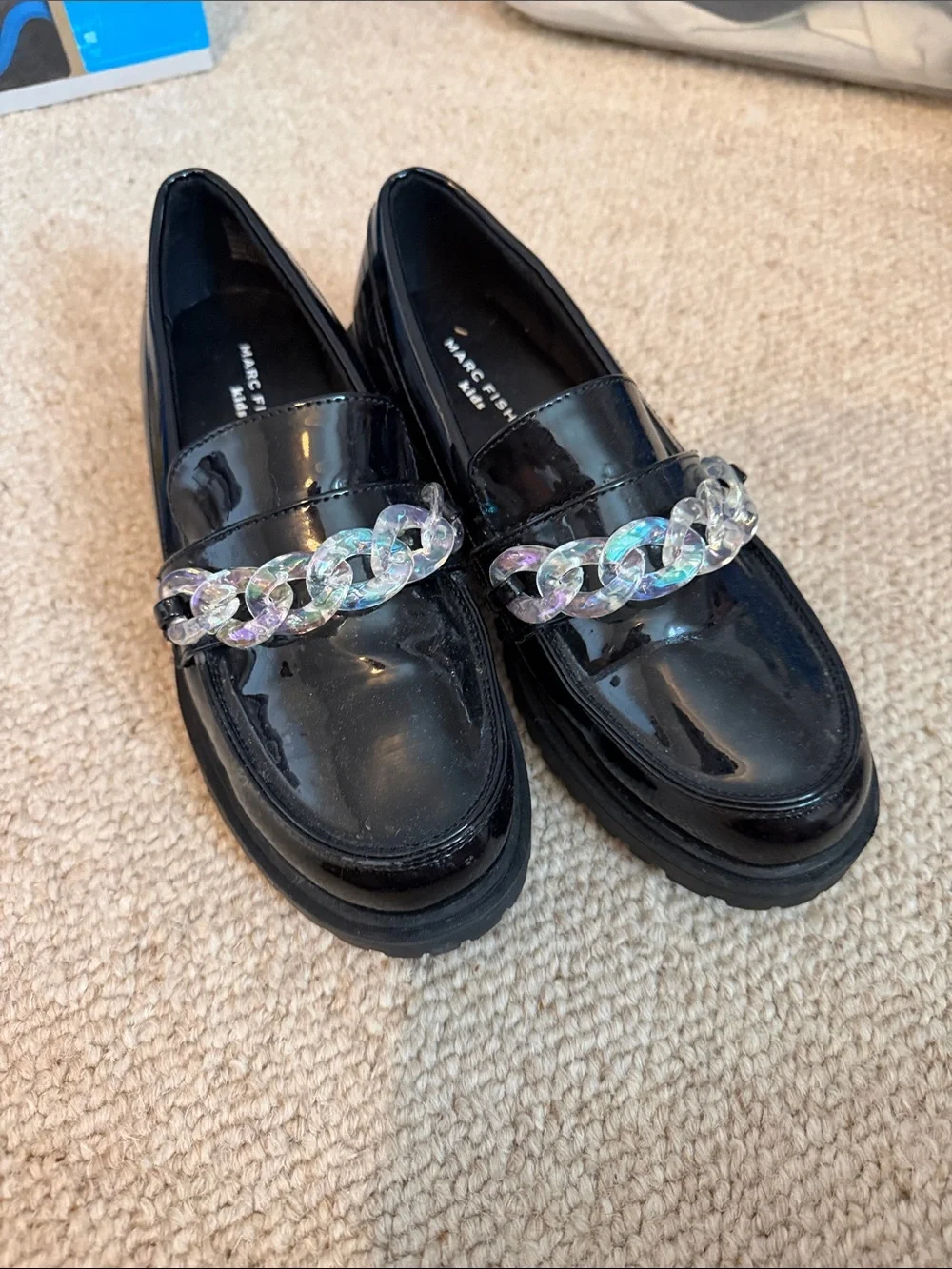 Marc Fisher Black Patent Loafers with Iridescent Chain Trim